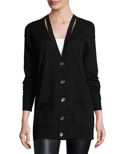 Slit V-neck Button-up Cardigan, Black