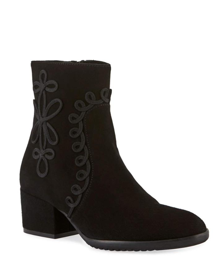 Fathom Embroidered Suede Booties, Black