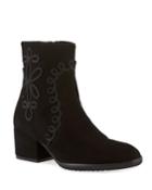 Fathom Embroidered Suede Booties, Black