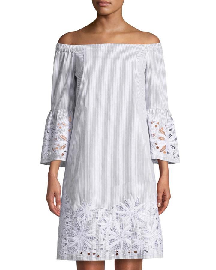 Off-the-shoulder M&eacute;lange Striped Dress W/ Floral Cutouts