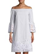 Off-the-shoulder M&eacute;lange Striped Dress W/ Floral Cutouts