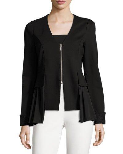 Chiffon-peplum Zip-front Blazer, Black