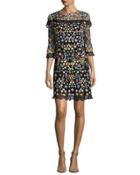 Flowerbed Embroidered Ruffle-trim Mini Dress, Black