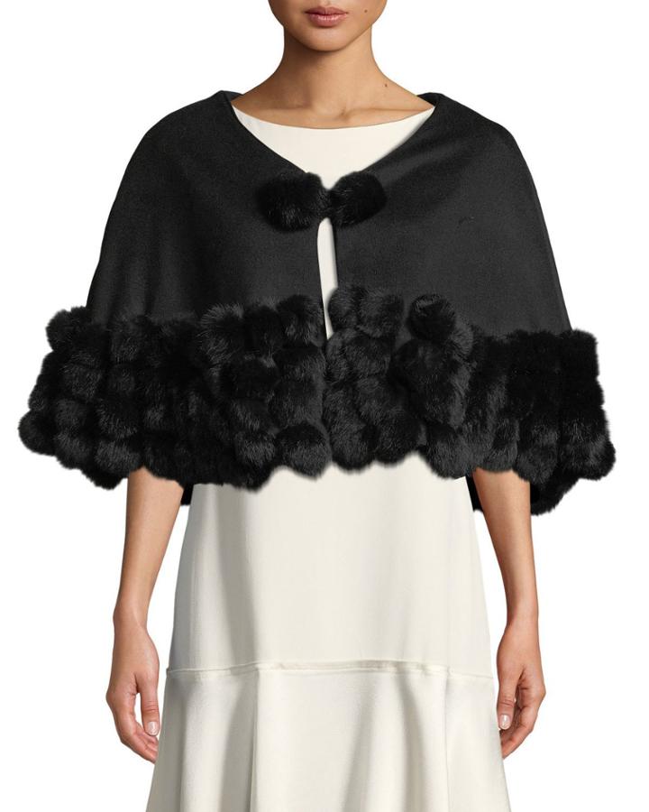 Wool-cashmere Pompom Trim Caplet, Black