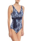 V-neck Faux-wrap Printed One-piece