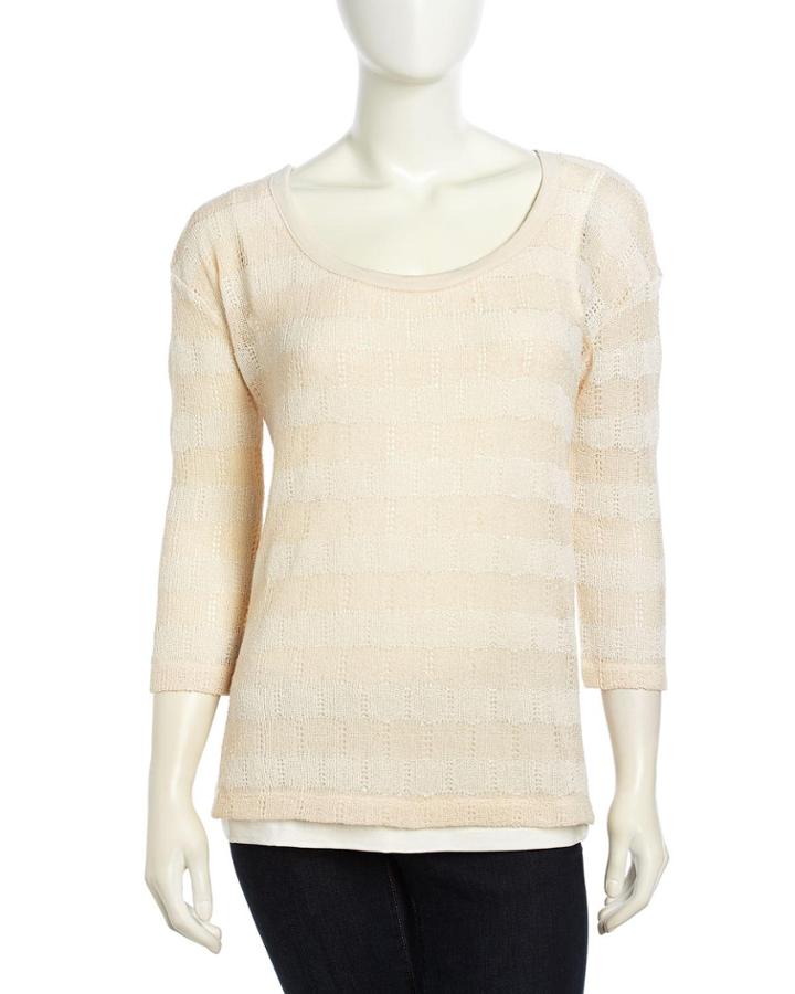 Neiman Marcus Mesh-knit Striped Sweater, Tan/ivory - (large)