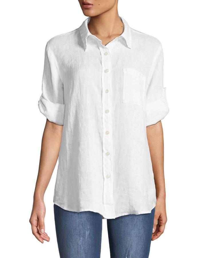 Linen Roll-sleeve Blouse