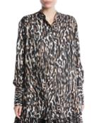 Long-sleeve Button-front Leopard-print Silk Twill Blouse