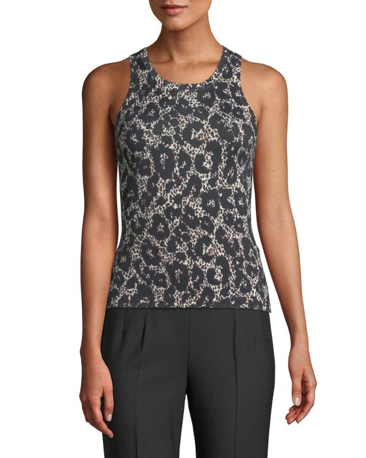 Crewneck Sleeveless Retro Leopard-print