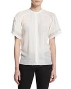 Short-sleeve Pleated Silk Blouse, White