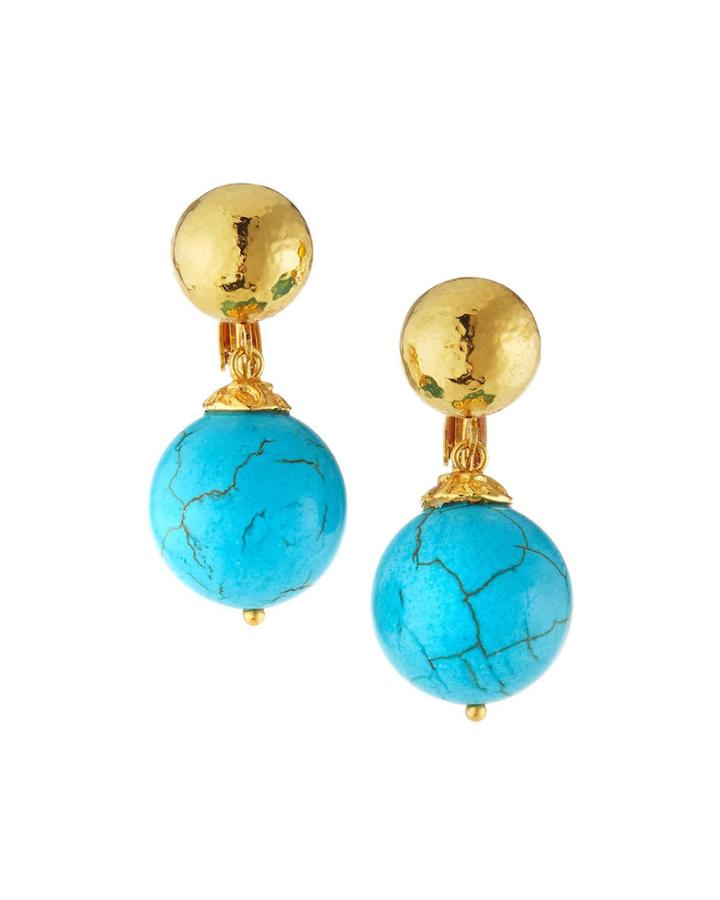 Hammered Clip Earrings With Turquoise Bead Drop