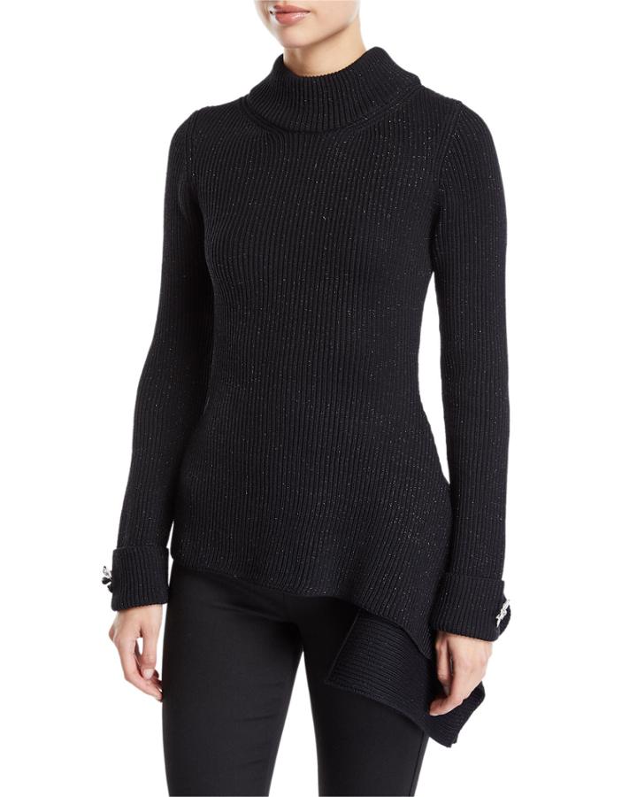 Mock Neck Floral-cuff Asymmetric