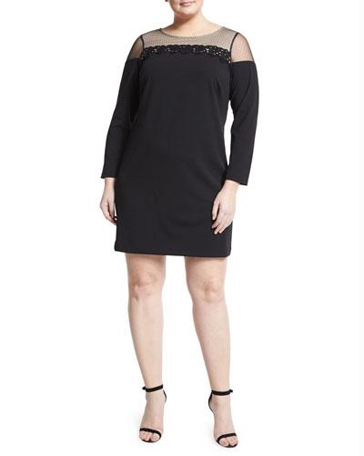 Sheer-yoke Long-sleeve Sheath Dress, Black,