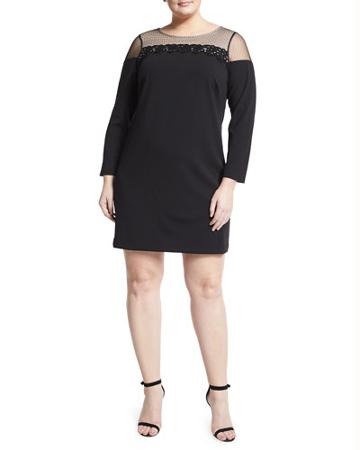 Sheer-yoke Long-sleeve Sheath Dress, Black,