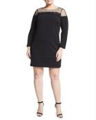 Sheer-yoke Long-sleeve Sheath Dress, Black,