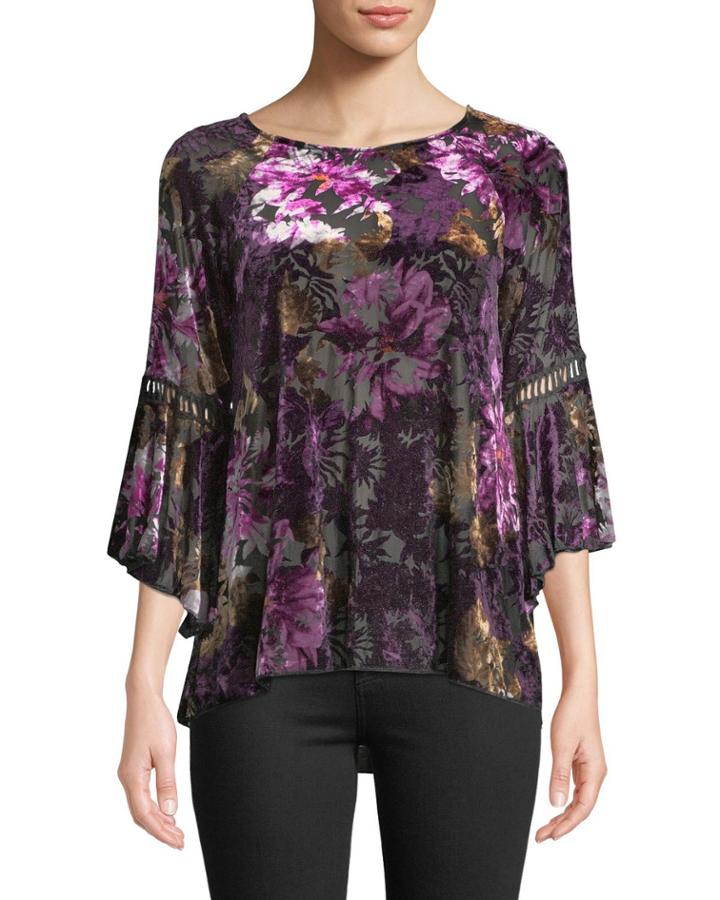 3/4-sleeve Floral Burnout Velvet Blouse
