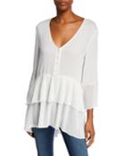 Tiered Pleated-trim Button-front Top