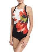 Floral-print Maillot One-piece Swimsuit, Black Pattern