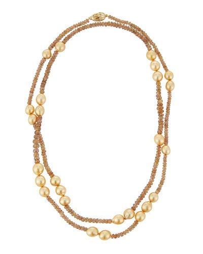 Long Golden South Sea Pearl & Garnet Necklace