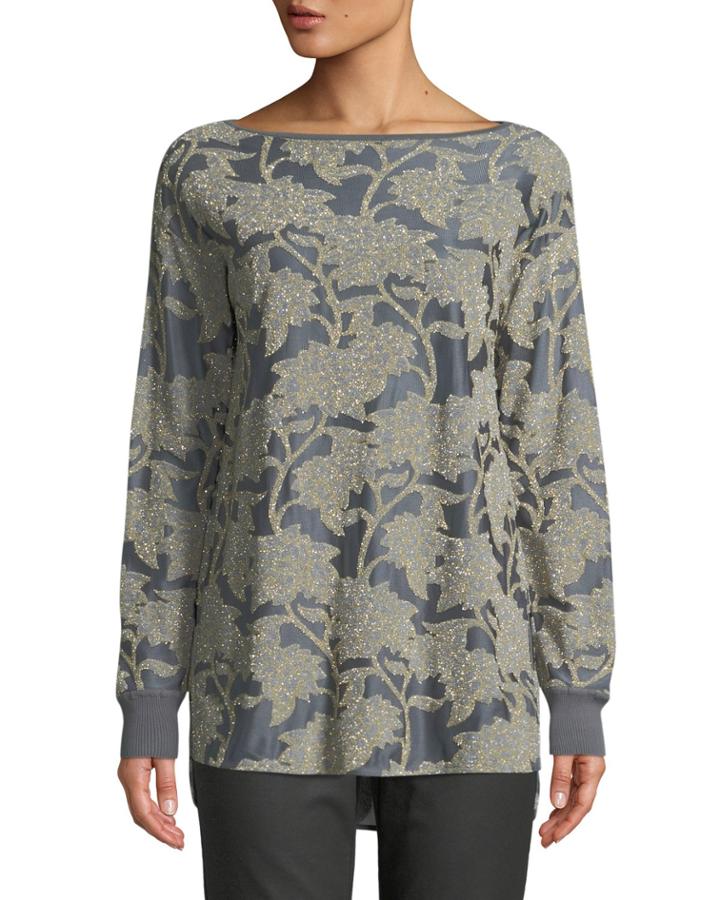 Phoenix Boat-neck Long-sleeve Floral Metallic