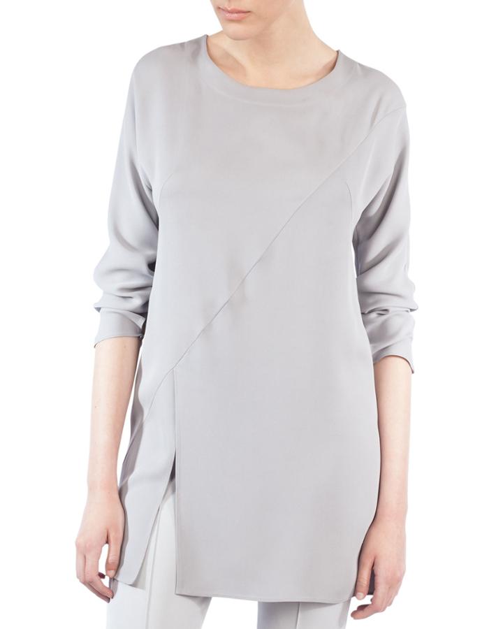 Crewneck Long-sleeve Asymmetric-seams Silk-crepe Tunic