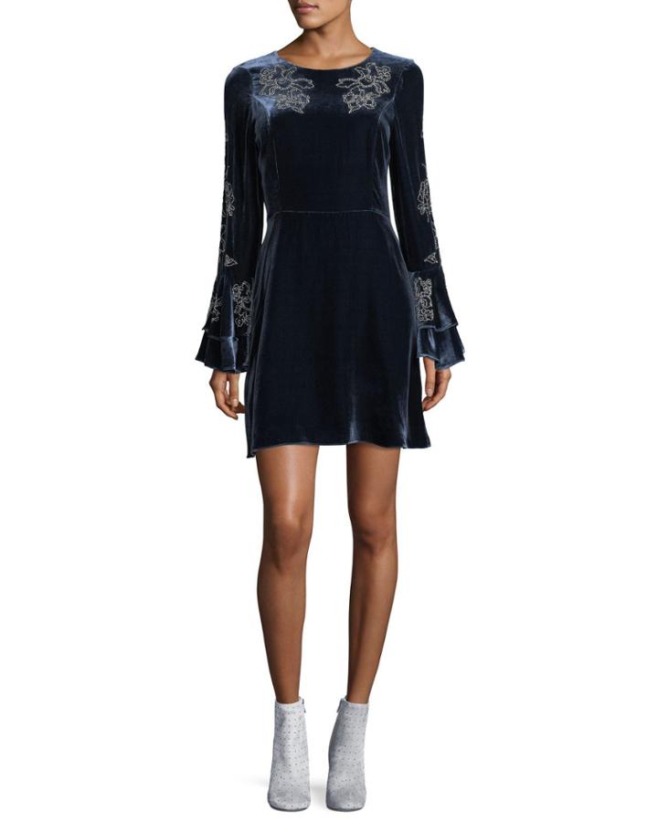 Donatella Round-neck Long-sleeve Velvet Dress W/ Embellishments