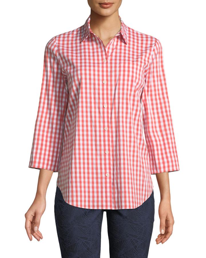 3/4-sleeve Button-front Gingham Top