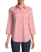 3/4-sleeve Button-front Gingham Top