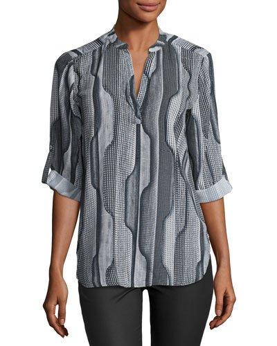 3/4-sleeve Graphic-print Blouse, Black/gray