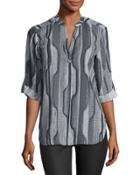 3/4-sleeve Graphic-print Blouse, Black/gray