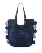 Crochet Tote Bag With Pompoms, Blue