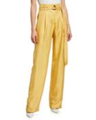 Belted High-waist Silk Twill Pants, Yellow
