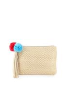 Woven Pompom Zip-top Clutch Bag