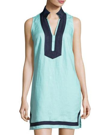 Sleeveless Contrast-trim Linen Tunic Dress,