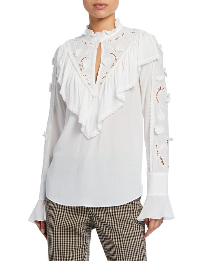 Fluid Jersey Eyelet-embroidered Ruffle Blouse