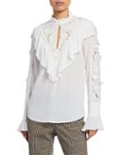 Fluid Jersey Eyelet-embroidered Ruffle Blouse