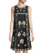 Sleeveless Floral-embroidered Cotton Peasant Dress