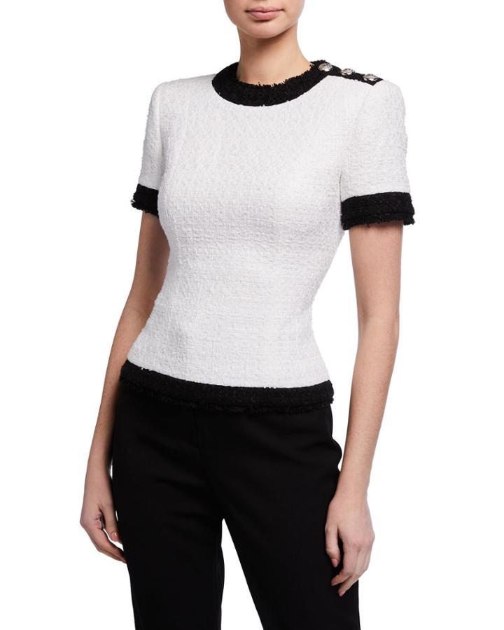 Short-sleeve Fitted Contrast Tweed Top