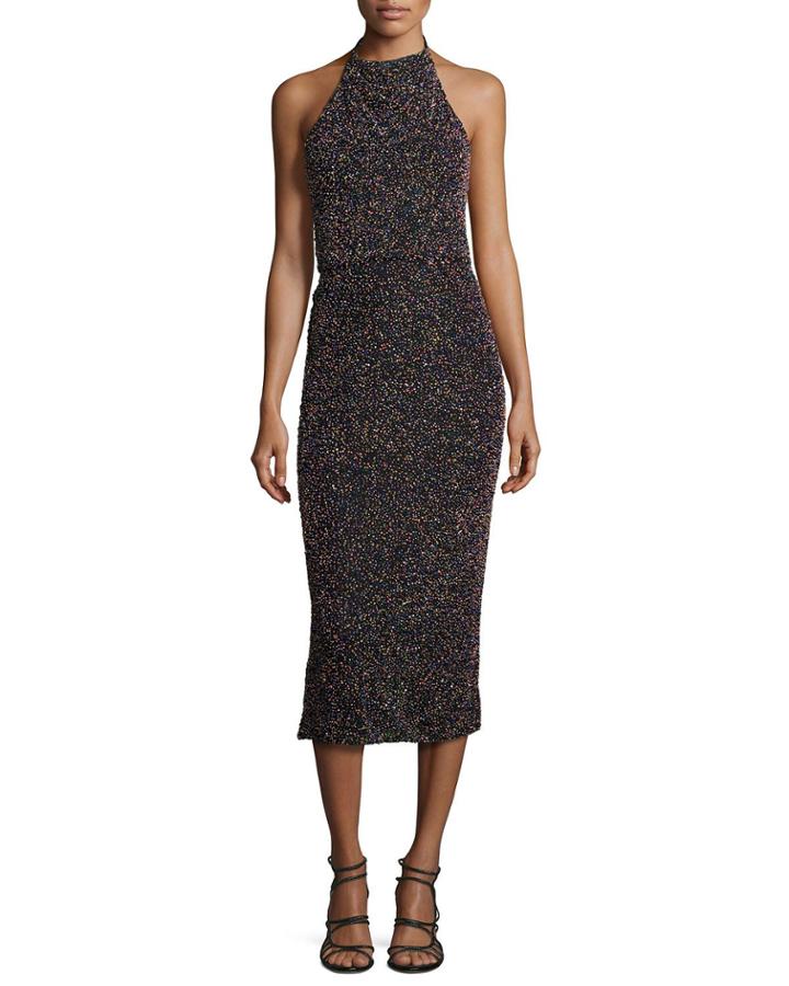 Beaded Halter-neck Midi Dress, Black