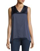 Sleeveless V-neck Satin Tank, Blue