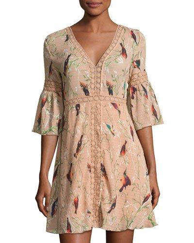 3/4-sleeve Hummingbird-print Dress, Orange Pattern