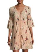 3/4-sleeve Hummingbird-print Dress, Orange Pattern