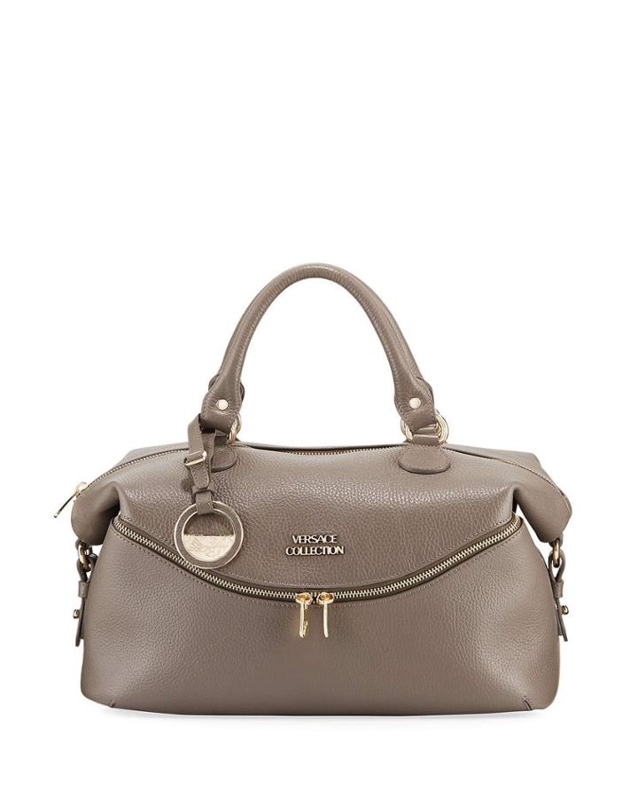 Pebbled Leather Medium Top-handle Bag, Taupe