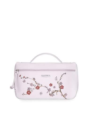 Floral-embroidered Leather Pouch Bag, Pink