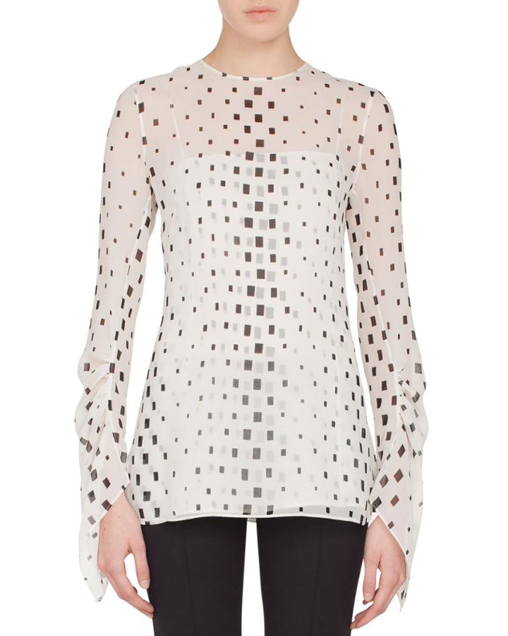 Jewel-neck Draped-sleeve Hotel Facade Print Silk Georgette Blouse