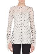 Jewel-neck Draped-sleeve Hotel Facade Print Silk Georgette Blouse