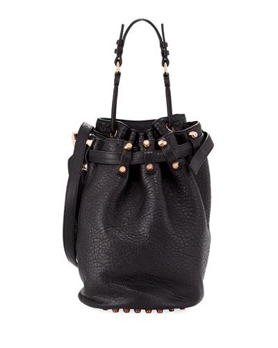 Diego Pebbled Leather Bucket Bag, Black