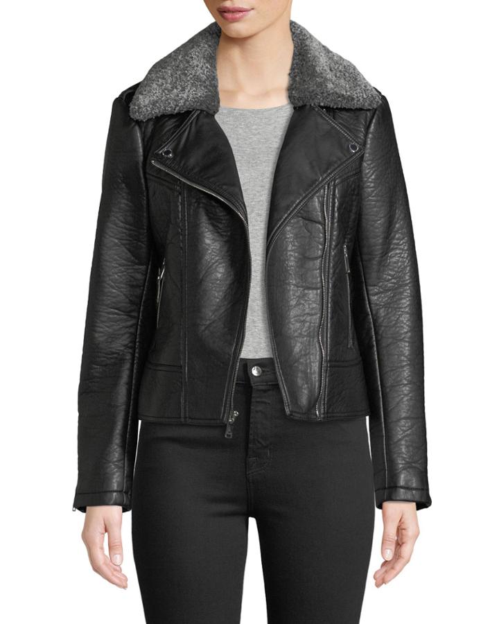 Pebbled Faux-leather Moto Jacket W/ Faux-shearling Collar