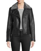 Pebbled Faux-leather Moto Jacket W/ Faux-shearling Collar