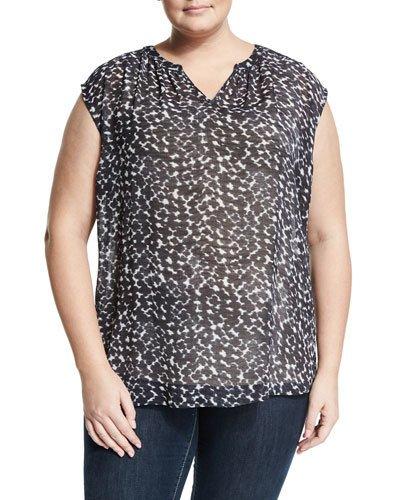 Dot-print Cap-sleeve Blouse, Quarry,